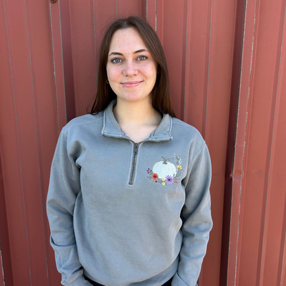 Fall Pumpkin Embroidered Garment Dyed Quarter Zip Sweatshirt