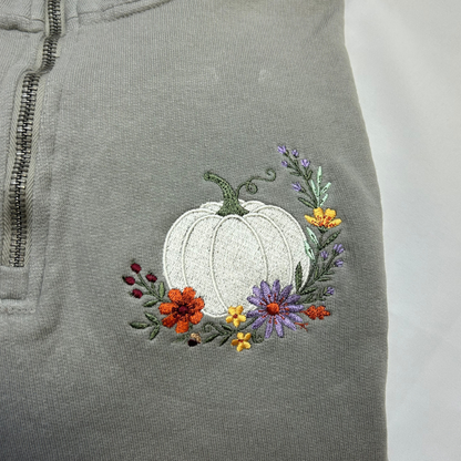 Fall Pumpkin Embroidered Garment Dyed Quarter Zip Sweatshirt