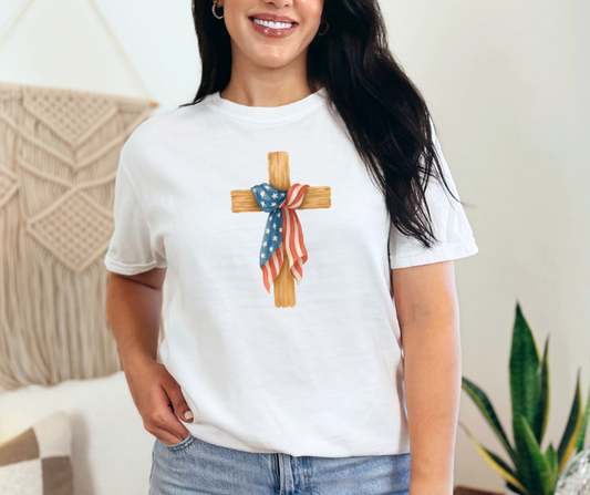 Cross with American Flag Shirt, Patriotic Shirt, Christian Shirt, Women's Shirt (1717)