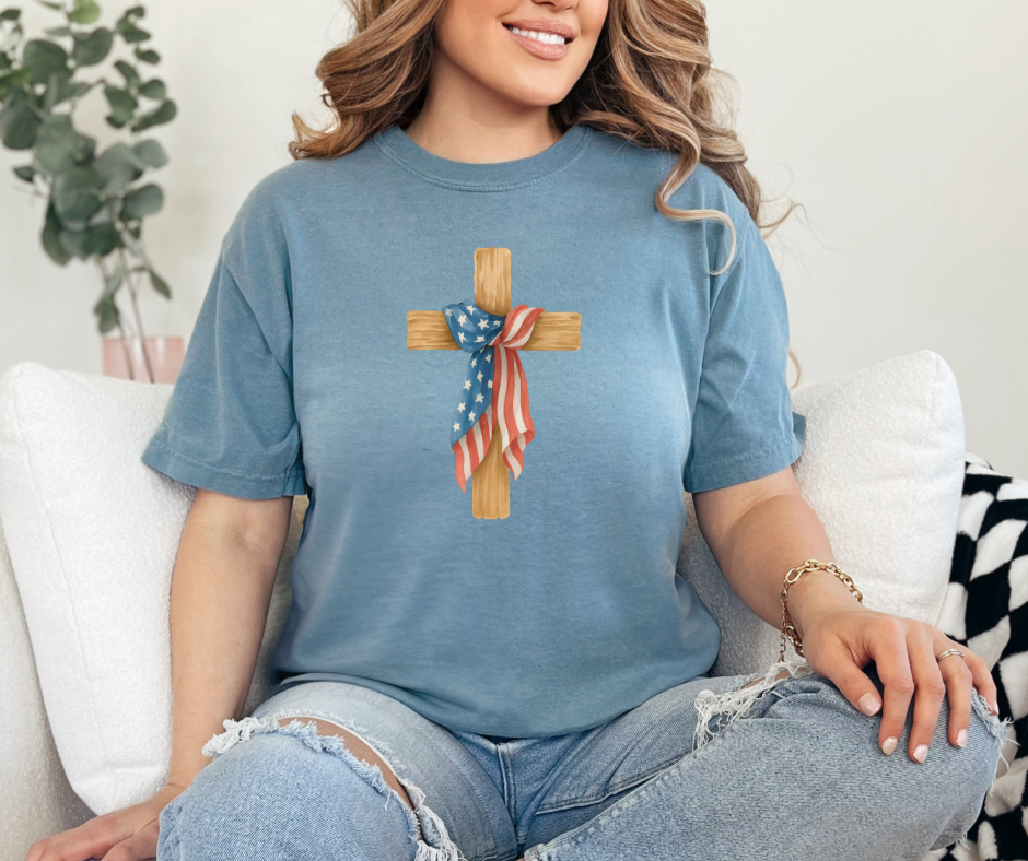 Cross with American Flag Shirt, Patriotic Shirt, Christian Shirt, Women's Shirt (1717)
