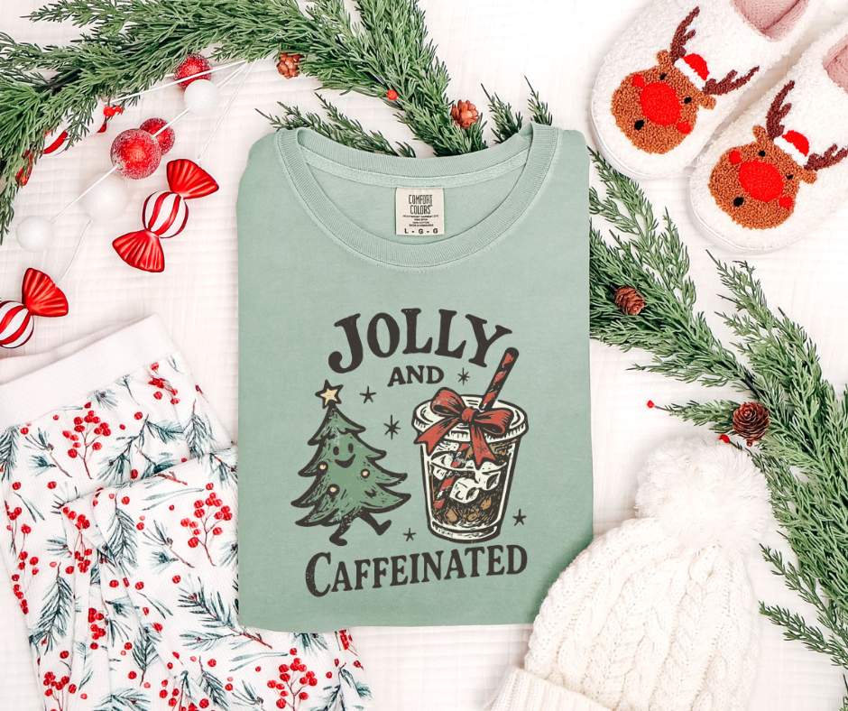 Jolly and Caffeinated Shirt, Christmas Shirt, Coffee Shirt, Iced Coffee Shirt (1717)