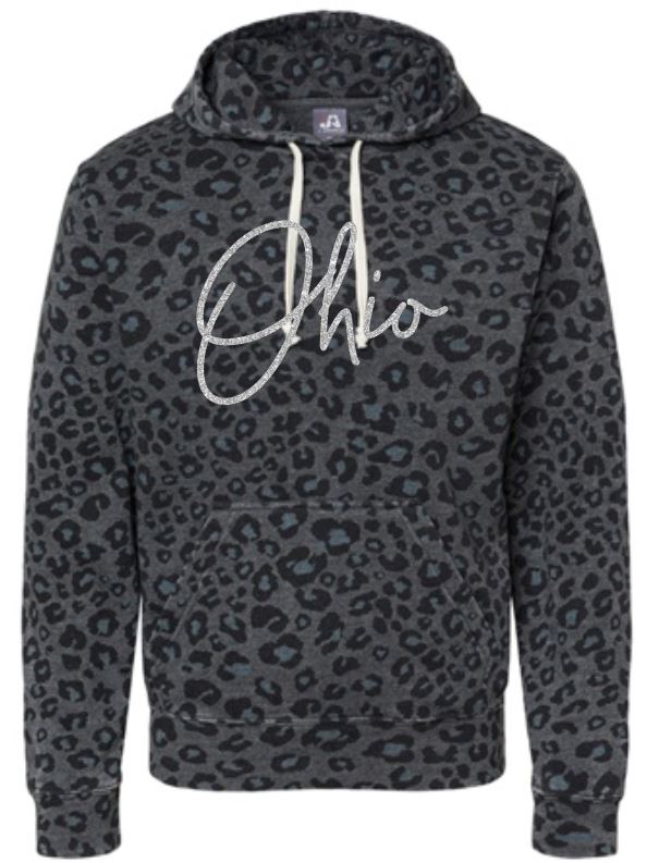 Leopard Print Tri-Blend Pullover Fleece Hoodie with Glitter Ohio (8871)