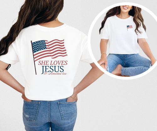She Loves Jesus & America Too, Christian Shirt, Patriotic Shirt, USA Shirt, Women's Shirt (1717)