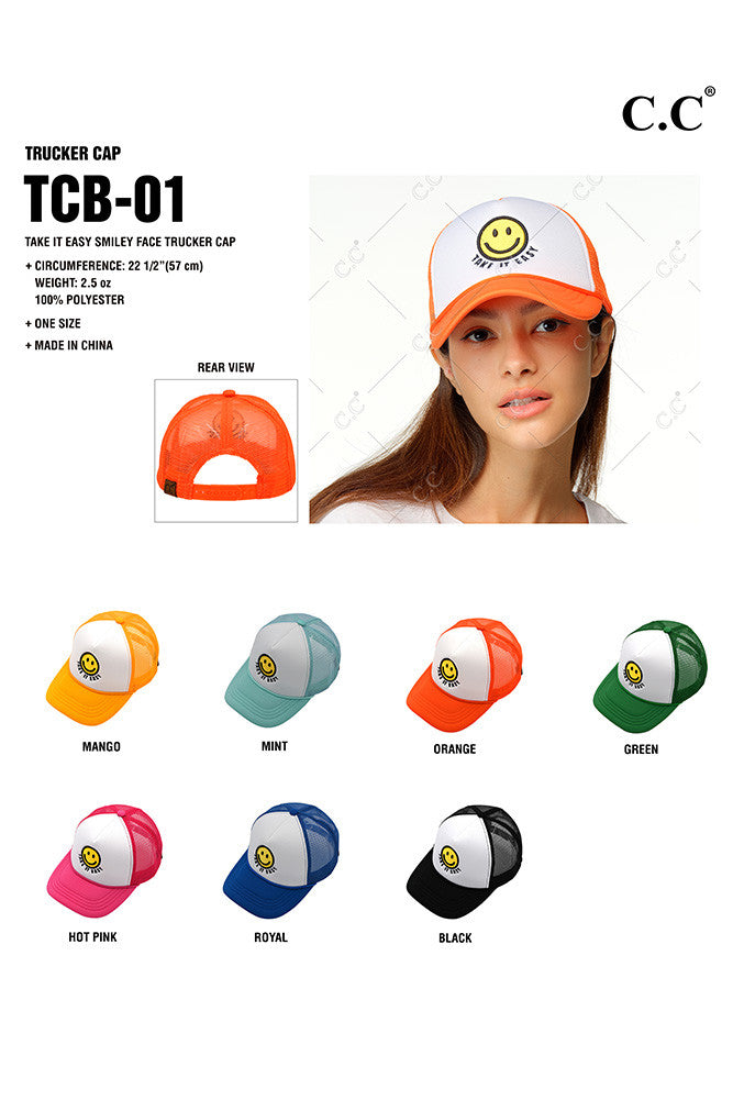 C.C. Beanie: TAKE IT EASY Smiley Face Trucker Cap