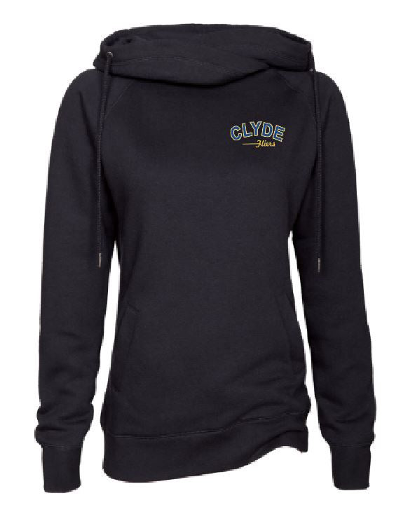 Ladies black Funnel Neck Pullover with (CAS-03) Clyde Design on Left Chest