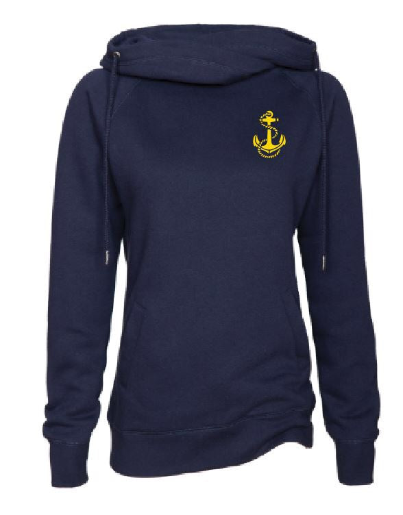 Ladies Navy Funnel Neck Pullover with New Riegel Design on Left Chest in gold