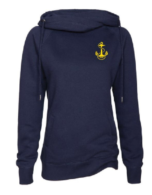 Ladies Navy Funnel Neck Pullover with New Riegel Design on Left Chest in gold