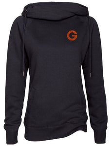 Ladies Black Fleece funnel neck hood with glitter orange G on left chest