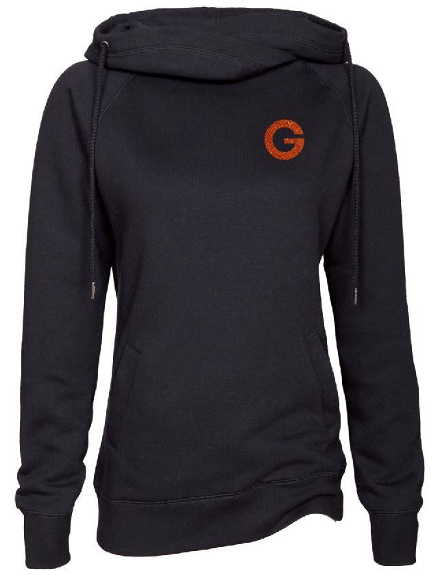 Ladies Black Fleece funnel neck hood with glitter orange G on left chest