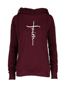 Ladies Burgundy Funnel Neck Pullover with Faith design