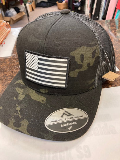 Pacific Headwear Multicam® Trucker Snapback American Flag Cap