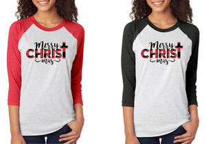 Merry Christ-mas in Buffalo Plaid - 3/4 Sleeve Shirt