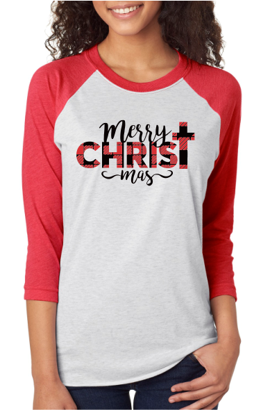 Merry Christ-mas in Buffalo Plaid - 3/4 Sleeve Shirt