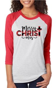 Merry Christ-mas in Buffalo Plaid - 3/4 Sleeve Shirt