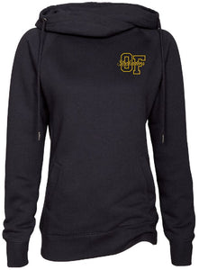 Ladies Black Funnel Neck Pullover with Old Fort Design on Left Chest in Glitter Gold