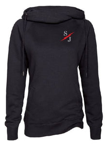 Ladies Black Funnel Neck Pullover with St. Joe Design on Left Chest