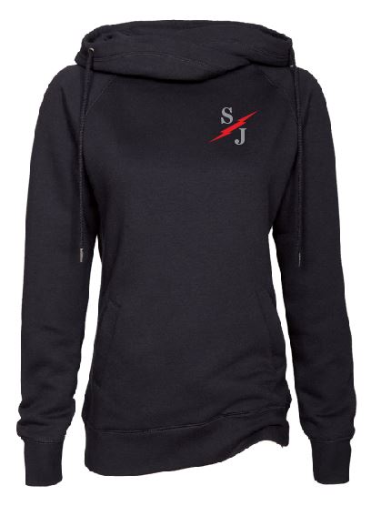 Ladies Black Funnel Neck Pullover with St. Joe Design on Left Chest