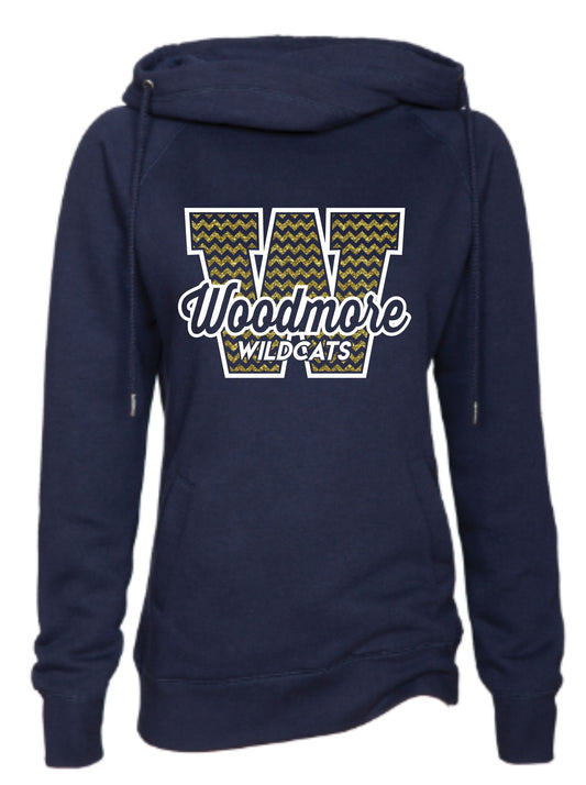 Ladies Navy Funnel Neck Pullover with Woodmore Design