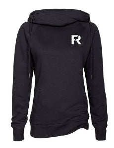Ladies Black Classic Fleece Funnel Neck Pullover Hood with FR Design on Left Chest in White