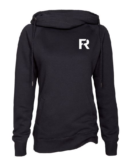 Ladies Black Classic Fleece Funnel Neck Pullover Hood with FR Design on Left Chest in White