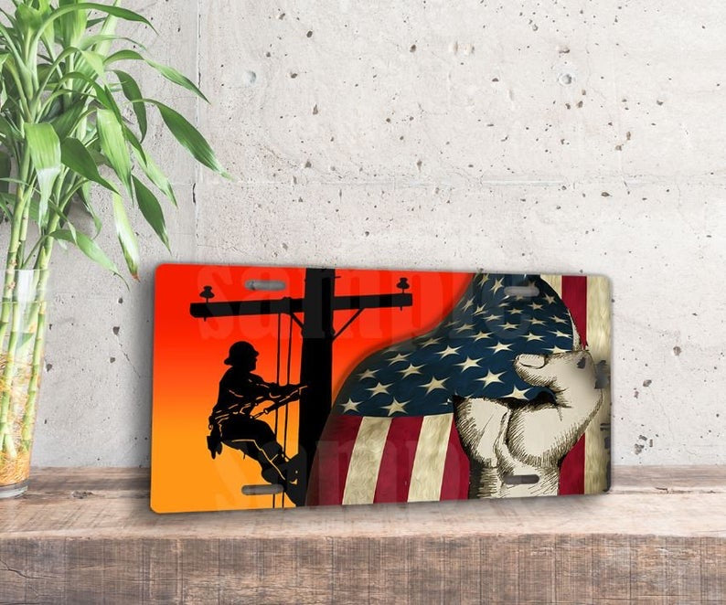Lineman America Flag License Plate